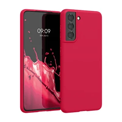 Abbildung von kwmobile Hülle kompatibel mit Samsung Galaxy S21 weiches TPU Silikon Case Cover geeignet für kabelloses Laden Neon Pink