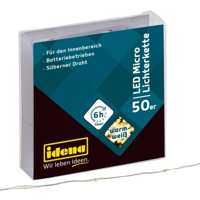 Abbildung von Idena LED Lichterkette 31825 Micro mit 50 LEDs in Warmweiß, 6 Stunde
