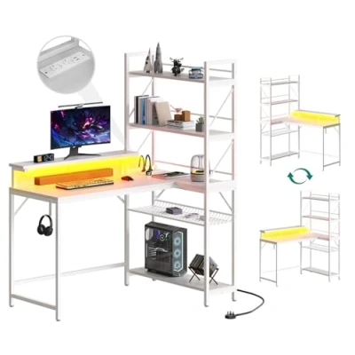 Abbildung von YITAHOME Gaming Schreibtisch mit Regal, Tisch LED Reversibel Eckschreibtisch 2 Steckdosen und USB Ladeanschluss l Form Monitorständer Haken， 106cm (Weiß)