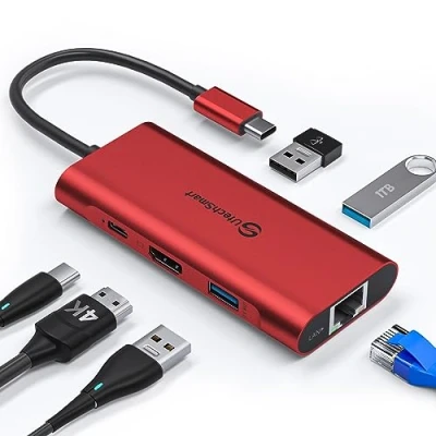 Abbildung von USB C Hub, UtechSmart 6 in 1 zu HDMI Adapter mit 1000M Ethernet, Power Delivery Pd Typ Ladeanschluss, 3 3.0 Ports Kompatibel für MacBook Pro, Chromebook und Geräte (Rot)