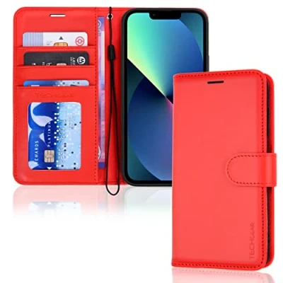 Abbildung von TECHGEAR hülle iPhone 14 Plus Leder klappbar, PU Flip Schutzhülle Ledertasche [Brieftasche] Handyhülle mit Ständer und Handschlaufe Rot Kompatible (6,7&quot;)