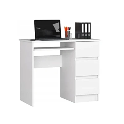 Abbildung von BDW Computertisch Weiß mit 3 Schubladen auf der rechten Seite und Einer ausziehbaren Schublade für die Tastatur. EIN Schreibtisch einen Desktop oder Laptop Computer,90x77x50