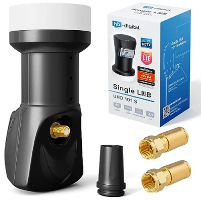 Abbildung von hb Digital Single LNB (Test SEHR GUT *) LNC Kopf 1 Teilnehmer Direkt LTE Protected Satelliten Sat Full HD TV 3D 4K UHD Kontakte vergoldet Wetterschutz Schwarz Black + 2X F Kompressionsstecker