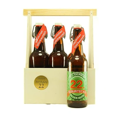 Abbildung von Bier Geschenk 6 er Holz Träger mit Fl. 22. Geburtstag