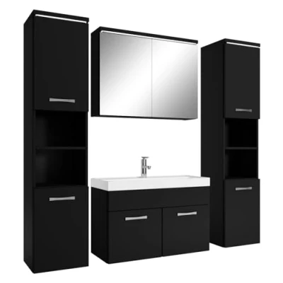 Abbildung von Badezimmer Badmöbel Set Paso XL LED 80cm Waschbecken Mat Schwarz Unterschrank 2X Hochschrank Möbel