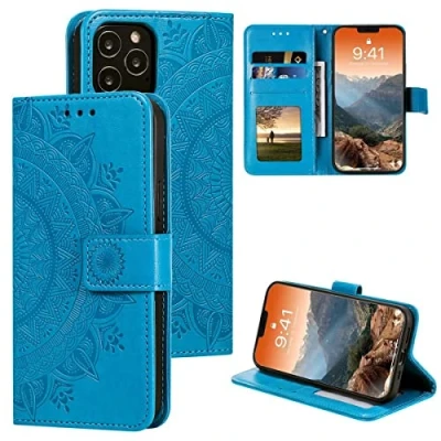 Abbildung von CoverKingz Handy Cover kompatibel mit iPhone 12 Pro Max [6,7 Zoll] Handyschutz Kartenfach Klapphülle Bookcase Hülle aufklappbar Motiv Mandala Blau