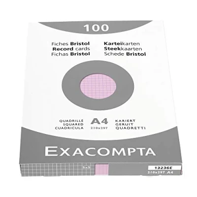 Abbildung von Exacompta 13236E Packung (mit 100 Karteikarten, ungelocht DIN A4, 210 x 297 mm, 205 g, kariert, ideal für die Schule) 1er Pack rosa