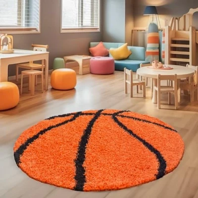 Abbildung von SIMPEX Hochflor Kinderteppich Rund Basketball Design Teppich Kinderzimmer Junge 120 cm Runder Orange und Schwarz Spielteppich für Mädchen Extra Weich