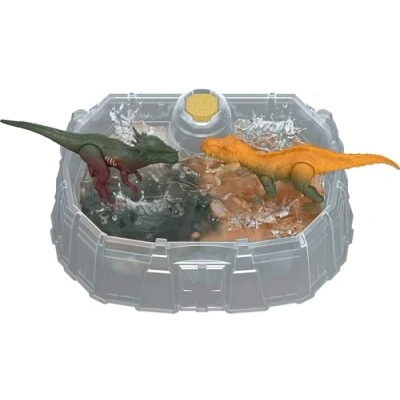 Abbildung von Mattel Jurassic World Dinosaurier Spielzeug mit Kampfarena, warmes Wasser enthüllt volle Dekoration, Farbwechselspiel, verschiedene Arten, 2 Stück