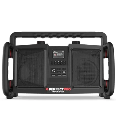 Abbildung von PerfectPro Baustellenradio ROCKBULL, DAB+ und UKW Empfang, Bluetooth, AUX Eingang, Akku integriert, Stoßfest, Inklusive Ladegerät Lithium Akku, IP65, RB2