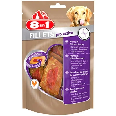 Abbildung von 8in1 Fillets Pro Active Hunde Snack mit Hähnchen, funktionale Leckerlis für Hunde, unterstützt die Mobilität, 80 g Beutel