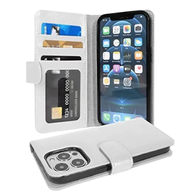Abbildung von Cadorabo Hülle kompatibel mit Apple iPhone 13 PRO aus Premium Kunst Leder Flip Klappbare Stoßfeste Magnetische [Standfunktion] [Kartenfächern] Cover für Tasche in Weiß