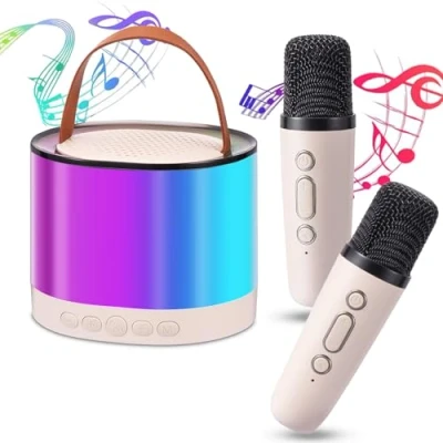 Abbildung von Karaoke Maschine Kinder mit 4 Stimme Wechselnde Effekte &amp; LED Lichter Tragbares für Heimparty Geburtstags Geschenke Mädchen und Jungen（Beige）