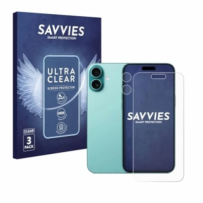Abbildung von Savvies 6 Stück Schutzfolie für Apple iPhone 16 Plus (Display+Kamera) Displayschutz Folie Ultra Transparent