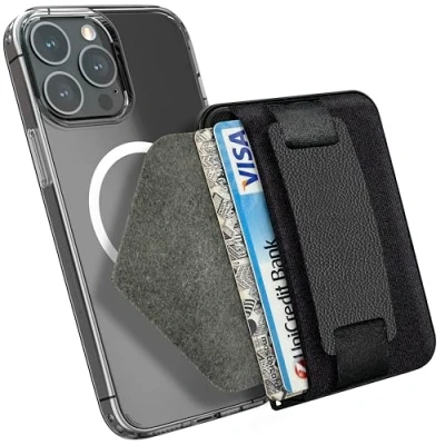 Abbildung von MyGadget Magnetische Magsafe Wallet Kunstleder mit Kartenfach und Fingerhalterung RFID Schutz kompatibel Apple iPhone 16 15 14 13 12 Series Schwarz
