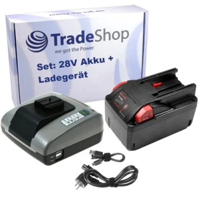 Abbildung von Trade Shop 2in1 Set: Li Ion Akku 28V / 4000mAh + Ladegerät mit USB kompatibel AEG Milwaukee 48 11 2830, 0700956730, 4932352732, 1830