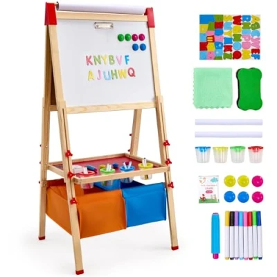 Abbildung von VEVOR Kunststaffelei für Kinder, 3 in 1 aus Holz, doppelseitig, mit magnetischem Whiteboard, Kreidetafel, Papierrolle, verstellbarem Zeichenbrett Malzubehör, Kinder ab Jahren