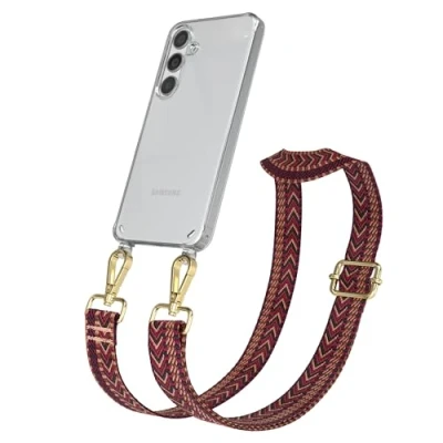 Abbildung von EAZY CASE Handykette mit verstellbarem Trageriemen kompatibel Samsung Galaxy S24 Taschengurt transparenter Handyhülle für Hülle dünner Schulterriemen in Rot Braun Gold