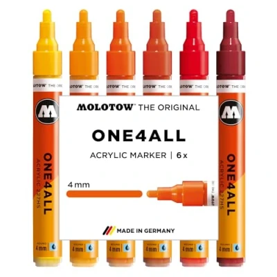 Abbildung von Molotow One4All 227HS Acryl Marker Hot Set (4,0 mm Strichstärke, hochdeckend und permanent, schnell trocknend, nachfüllbar, für fast alle Untergründe) 6 Stück sortiert