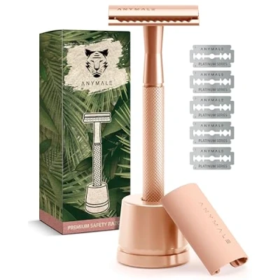 Abbildung von ANYMALE® Rasierhobel Rosegold Edition Damen Set mit Ständer und 5 ASTRA Klingen Plastikfreier Rasierer aus Metall