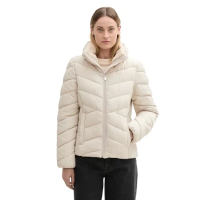 Abbildung von TOM TAILOR Damen Puffer Winterjacke mit Kunstfell am Kragen, 12365 Dusty Beige, L