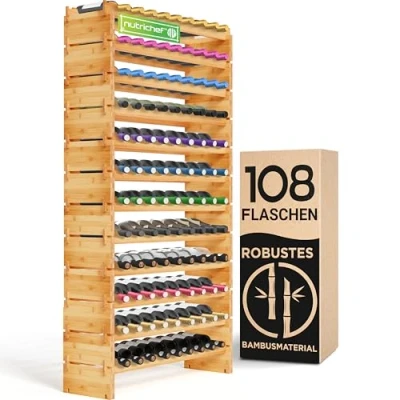 Abbildung von NutriChef SereneLife Flaschenregal Holz, Weinregal Holz Wine Rack Stapelbar Modular für 108 Flaschen, Schmal mit 85 x 25 159cm, Flaschenschrank als Stehend