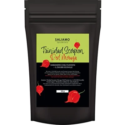 Abbildung von 50g Trinidad Scorpion Moruga Chili Flocken, Red geschroten mit Saat, extrem scharf, intensives Aroma, eine der schärfsten Chilisorten Welt, grobe Chilli Flakes Höllenschärfe Saliamo