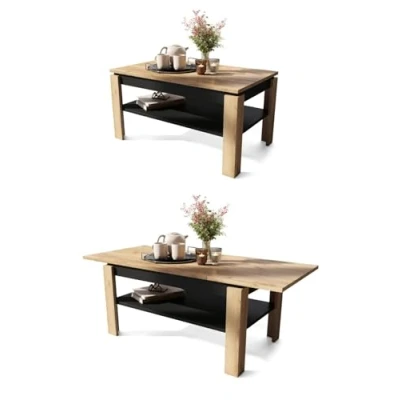Abbildung von All4All Couchtisch Asti R Wohnzimmertisch Kaffeetisch mit Stauraum kompakte Größe Sofatisch Ablage platzsparend ausziehbar bis 140cm 100x60cm Gold Craft Eiche + Schwarz 05