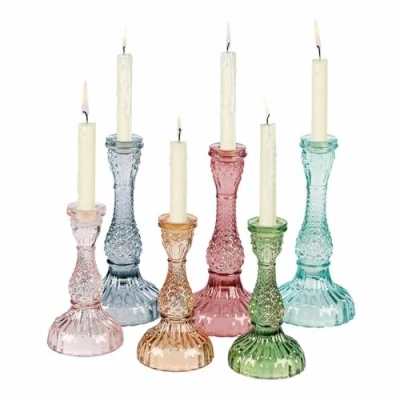 Abbildung von Loberon Kerzenständer 6er Set Moana, Verschiedene Größen, klassischer Antik Look in modernen Farben, für Stabkerzen, Kerzenhalter, Kerzenleuchter, Ostern, Osterdeko, Glas, bunt