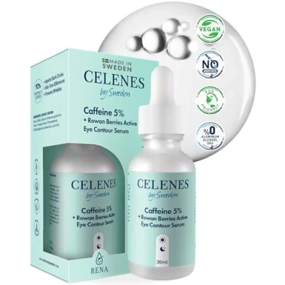 Abbildung von Celenes by Sweden Augenkontur Serum + Antioxidans 5% Koffein Eberesche, Hellt auf &amp; Reduziert Dunkle Augenringe, Alkoholfrei, Duftstofffrei, Parabenfrei 30ml