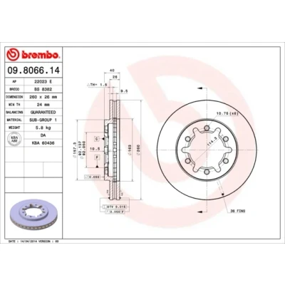 Abbildung von BREMBO 09.8066.14 Bremsscheibe 260 26 6 innenbelüftet NISSAN: Navara Pickup, NP300 Pick Up
