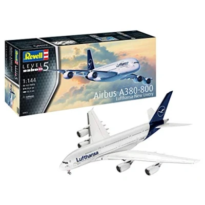 Abbildung von Revell 03872 Passagierflugzeug Airbus A380 800 Lufthansa New Livery, 1:144/50,4 cm originalgetreuer Modellbausatz für Experten, unlackiert, 1/144 3872