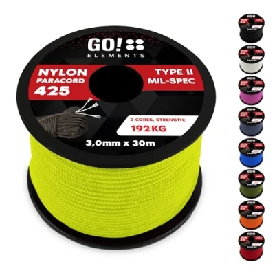 Abbildung von GO!elements 30m Paracord Seil aus reißfestem Nylon 3mm 425 Typ II max. 192kg Schnüre als Outdoor Seil, Allzweckseil, Survival Armband, Hundeleine, Nylonschnur, Farbe: Neon