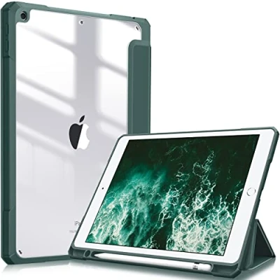 Abbildung von Fintie Hybrid Hülle für 10.2 Zoll iPad 9. Generation 2021/8. Gen 2020/7. 2019 mit Stifthalter Stoßfeste Schutzhülle transparenter Hartschale auf der Rückseite, Dunkelgrün