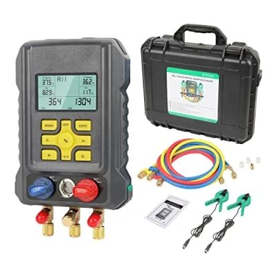 Abbildung von KAISAL Digitale Monteurhilfe Klimaanlage für 93 Arten Kältemittel R410a R32 R22 R1234YF HVAC System Manifold Messgeräte Druck und Temperaturprüfung Auto AC Kältetechnisches Manometer Vakuum Tester
