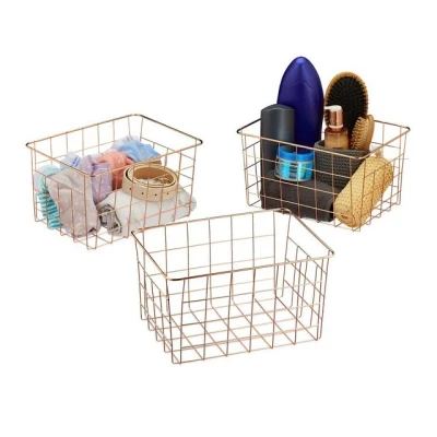 Abbildung von Relaxdays Drahtkorb 3er Set, rechteckig, Gitterkorb zur Aufbewahrung, HBT: 15,5 x 28 20 cm, Deko Metallkorb, kupfer