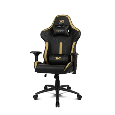 Abbildung von DRIFT Gaming Chair DR350 DR350GOLD Chair, Kunstleder, 4D Armlehnen, geräuscharme Rollen, Klasse 4 Kolben, Neigung, Lenden /Halswirbelkissen, Farbe schwarz/Gold