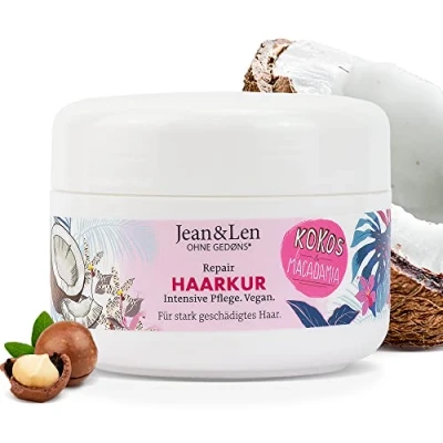 Abbildung von Jean &amp; Len Repair Haarkur Kokosöl Macadamia, für stark geschädigtes Haar, wirkt Haarbruch entgegen, Kokos Macadamia Duft, ohne Parabene und Silikone, vegan, 250ml