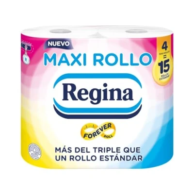 Abbildung von Regina Maxi Rolle 4 Rollen Toilettenpapier, 500 Blatt mit 2 Schichten pro Rolle, mehr als dreimal eine Standardrolle, 60% recyceltes Kunststoffverpackung, 100% FSC zertifiziertes Papier