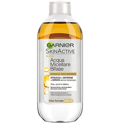 Abbildung von Garnier Micellares Wasser, zweiphasig mit Arganöl, wirksam auf Make up, wasserdicht, 400 ml (Paket kann variieren)