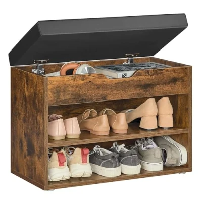 Abbildung von VASAGLE Schuhbank, Sitzbank, Schuhregal mit gepolstertem Kissen, Schuhorganizer 3 Ebenen, 30 x 60 44 cm, für Flur, Wohnzimmer und Schlafzimmer, vintagebraun LHS020K03