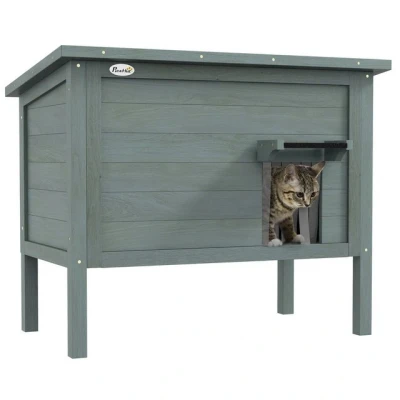 Abbildung von Katzenhaus aus Holz, Katzenhöhle Outdoor, Isolierte Katzenhütte mit Türvorhang