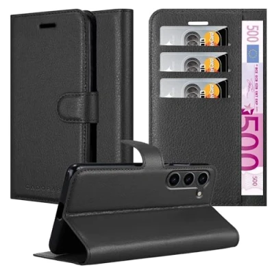 Abbildung von Cadorabo Hülle kompatibel mit Samsung Galaxy S23 Handyhülle aus Premium Kunst Leder Klappbare Stoßfeste Magnetische [Standfunktion] [Kartenfächern] Cover Case für Tasche in Schwarz