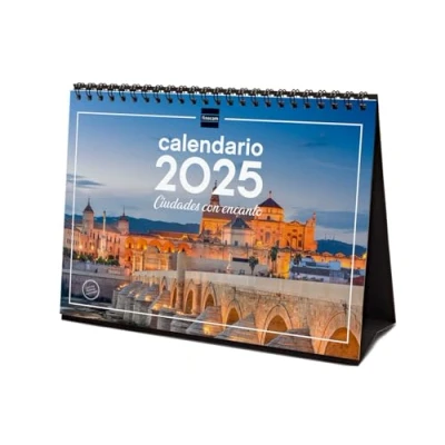 Abbildung von Finocam Tischkalender zum Schreiben 2025 Monat Ansicht Januar Dezember (12 Monate) Städte Spanisch