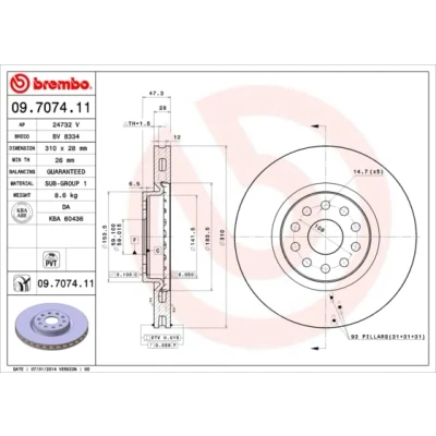 Abbildung von BREMBO COATED DISC LINE 09.7074.11 Bremsscheibe 310 28 5 innenbelüftet beschichtet ALFA ROMEO: 166, LANCIA: Kappa Limousine