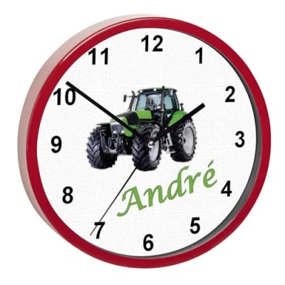 Abbildung von CreaDesign, WU 02 1104, Traktor Wanduhr für Kinderzimmer, personalisierbar mit Namen, Rahmen rot, Durchmesser 19,5 cm