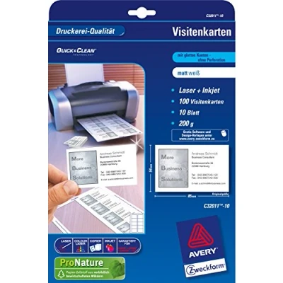Abbildung von AVERY Zweckform C32011 500 vorbedruckbare Superior Visitenkarten, blanko (5.000 Stück, 200g, 85x54 mm, einseitig bedruckbar, matt weiß, Blatt) für Pre Print Verfahren geeignet, 5.000 Karten
