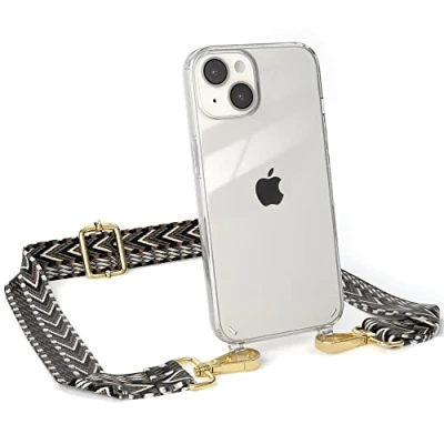 Abbildung von EAZY CASE Handykette Verstellbarer Gurt kompatibel mit iPhone 14, Schulterriemen, Flache Kordel, Handykordel Hülle, Hülle Kette, Grau/Schwarz Metall Gold