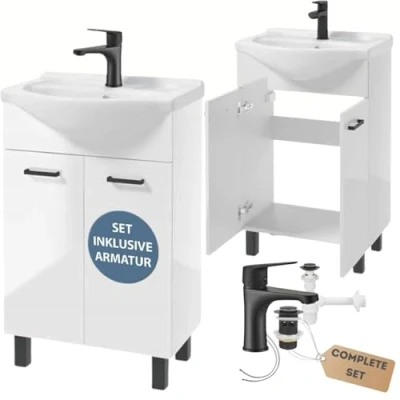 Abbildung von .Deftrans Domodomo Badezimmerschrank mit Waschbecken, 85 x 55 42 cm weißer Waschbeckenschrank, Keramik Waschbecken Set, Standschrank für kleines Bad waschtischarmatur Schwarz Matt