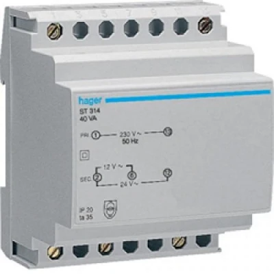 Abbildung von HAGER Sicherheitstransformator ST314, primär 230V, sekundär 12/24V, 40VA, 50 60Hz, 72mm breit, für DIN Schiene